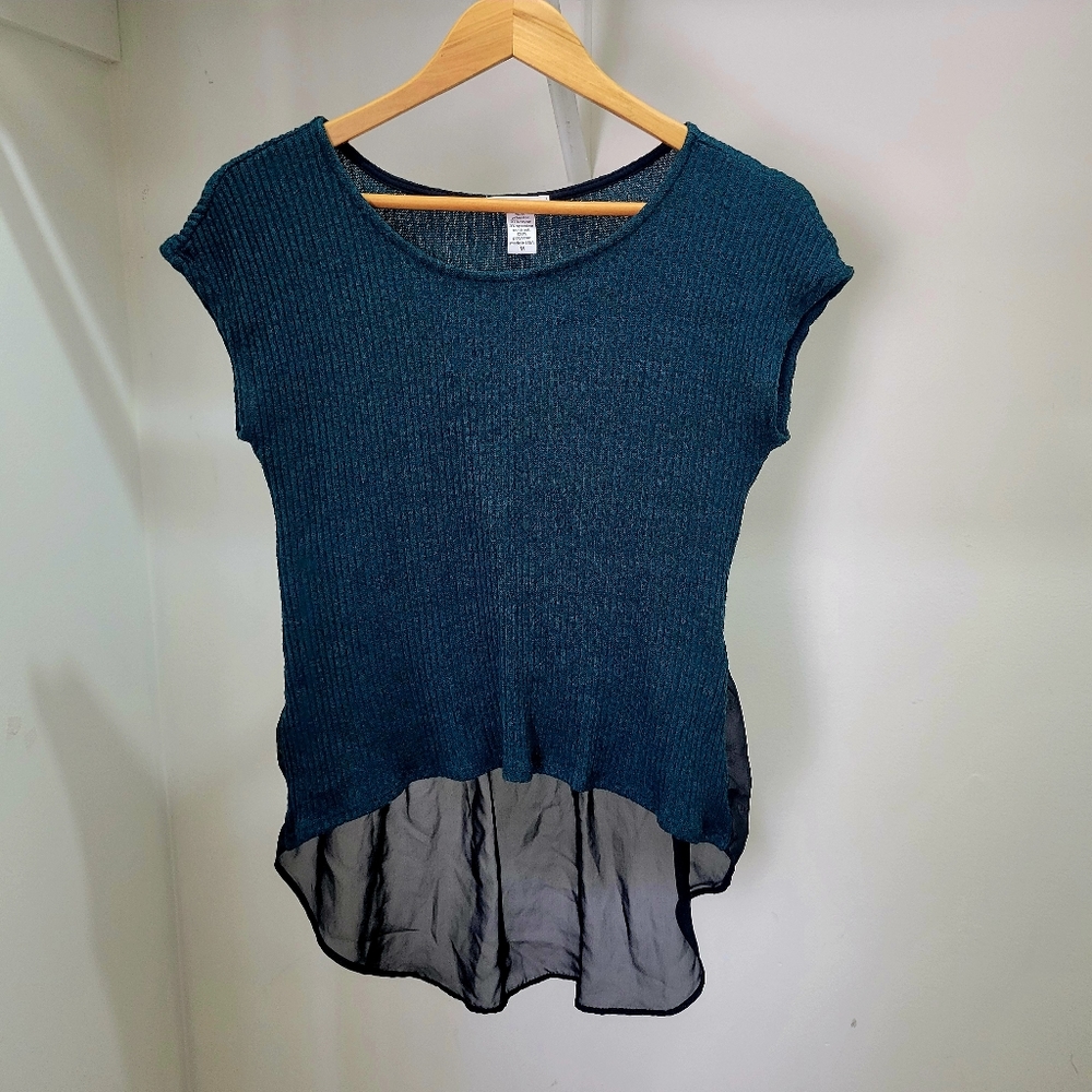 Women's Bar III Teal Short Sleeve Knit Sweater with Sheer Black Hem - Size M